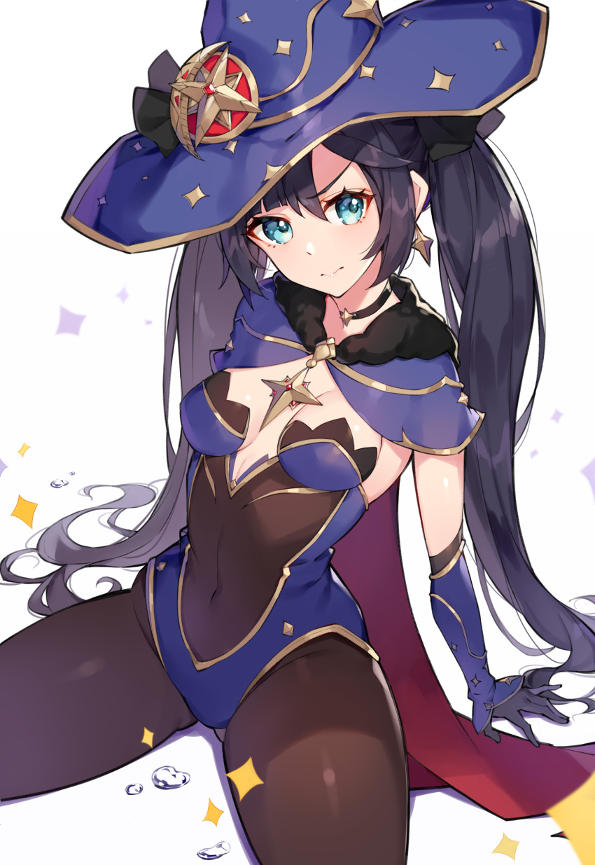 1girl absurdres black_choker black_hair blue_eyes blue_headwear blue_leotard breasts brown_legwear cape choker closed_mouth covered_navel detached_sleeves frown genshin_impact gold_trim hat highres leotard long_hair long_sleeves looking_at_viewer mona_(genshin_impact) pantyhose rikoma simple_background sitting small_breasts solo strapless strapless_leotard twintails v-shaped_eyebrows very_long_hair white_background witch_hat