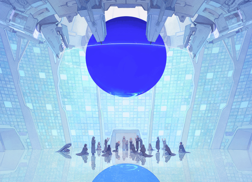 ambiguous_gender arms_up ball blue_theme commentary_request crowd hands_up highres hood hood_up indoors kneeling kumomachi machinery orb original own_hands_together people praying reflection robe science_fiction standing very_wide_shot
