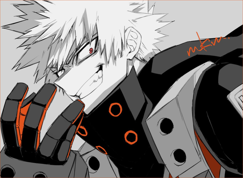 1boy armor bakugou_katsuki bangs black_gloves boku_no_hero_academia commentary_request evil_grin evil_smile gloves grey_background grin looking_at_viewer male_focus mkm_(mkm_storage) monochrome red_eyes red_gloves short_hair signature simple_background smile solo spiky_hair spot_color teeth upper_body