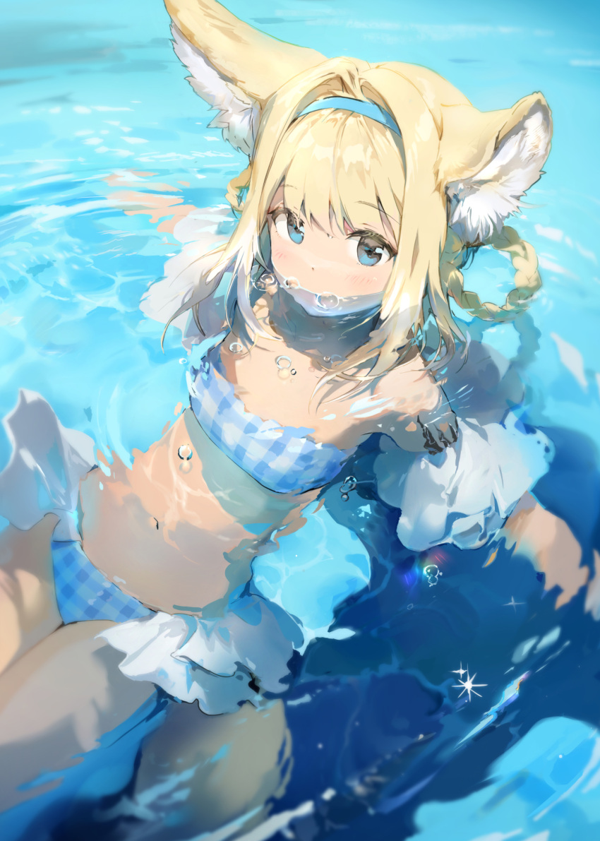 1girl animal_ear_fluff animal_ears anmi arknights bangs bare_shoulders bikini blonde_hair blue_bikini blue_eyes blue_hairband blush braid bubble commentary cowboy_shot eyebrows_visible_through_hair fox_ears hair_rings hairband highres innertube looking_at_viewer navel oripathy_lesion_(arknights) partially_submerged reclining sketch solo sparkle suzuran_(arknights) swimsuit water