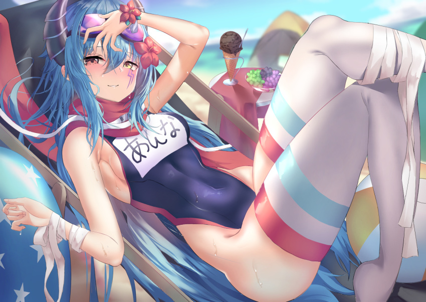 1girl anna_(princess_connect!) armpits ass ball bandages bangs bare_arms beach beach_chair beachball black_swimsuit blue_hair blue_sky blush breasts commentary covered_navel demon_horns eyebrows_visible_through_hair facial_tattoo flower food foot_out_of_frame goggles hair_between_eyes hair_flower hair_ornament hand_on_own_head hand_up heterochromia horns ice_cream long_hair looking_at_viewer lying mizuha_(pixiv56938668) name_tag on_back princess_connect! red_eyes red_scarf scarf school_swimsuit sideboob sidelocks sky small_breasts smile solo swimsuit tattoo tent thigh-highs thighs translated wavy_hair yellow_eyes