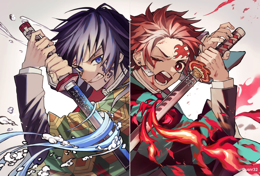 2boys black_hair blood blood_on_face bloody_tears blue_eyes checkered clenched_teeth earrings fire haori highres holding holding_sword holding_weapon japanese_clothes jewelry kamado_tanjirou kimetsu_no_yaiba long_sleeves male_focus multiple_boys one_eye_closed open_mouth redhead scar scar_on_face simple_background sword teeth tomioka_giyuu twitter_username upper_body usu32 water weapon