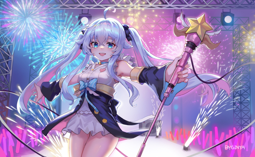 1girl absurdres ahoge alternate_costume alternate_hairstyle blue_eyes breasts commentary_request detached_sleeves fireworks ginyasama hair_ornament highres huge_filesize indie_virtual_youtuber kagura_nana long_hair looking_at_viewer medium_breasts silver_hair solo staff stage twintails virtual_youtuber
