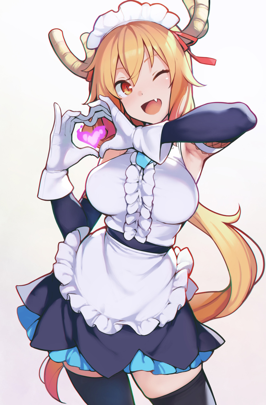 1girl ;d absurdres ataruman black_legwear blonde_hair commentary_request dragon_girl dragon_horns fang gloves gradient gradient_background grey_background hair_between_eyes heart heart_hands highres horns kobayashi-san_chi_no_maidragon long_hair looking_at_viewer maid_headdress one_eye_closed open_mouth ponytail red_eyes skin_fang smile solo thigh-highs thighs tohru_(maidragon) white_gloves zettai_ryouiki