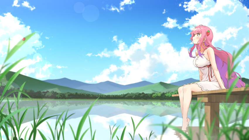 1girl barefoot blue_sky blush closed_mouth clouds commission day dress electriccross food-themed_hair_ornament hair_ornament highres lake long_hair looking_up original outdoors pink_hair red_eyes red_ribbon rei_no_himo ribbon shiny shiny_hair short_dress sky sleeveless sleeveless_dress smile soaking_feet solo spaghetti_strap strawberry_hair_ornament sundress very_long_hair white_dress