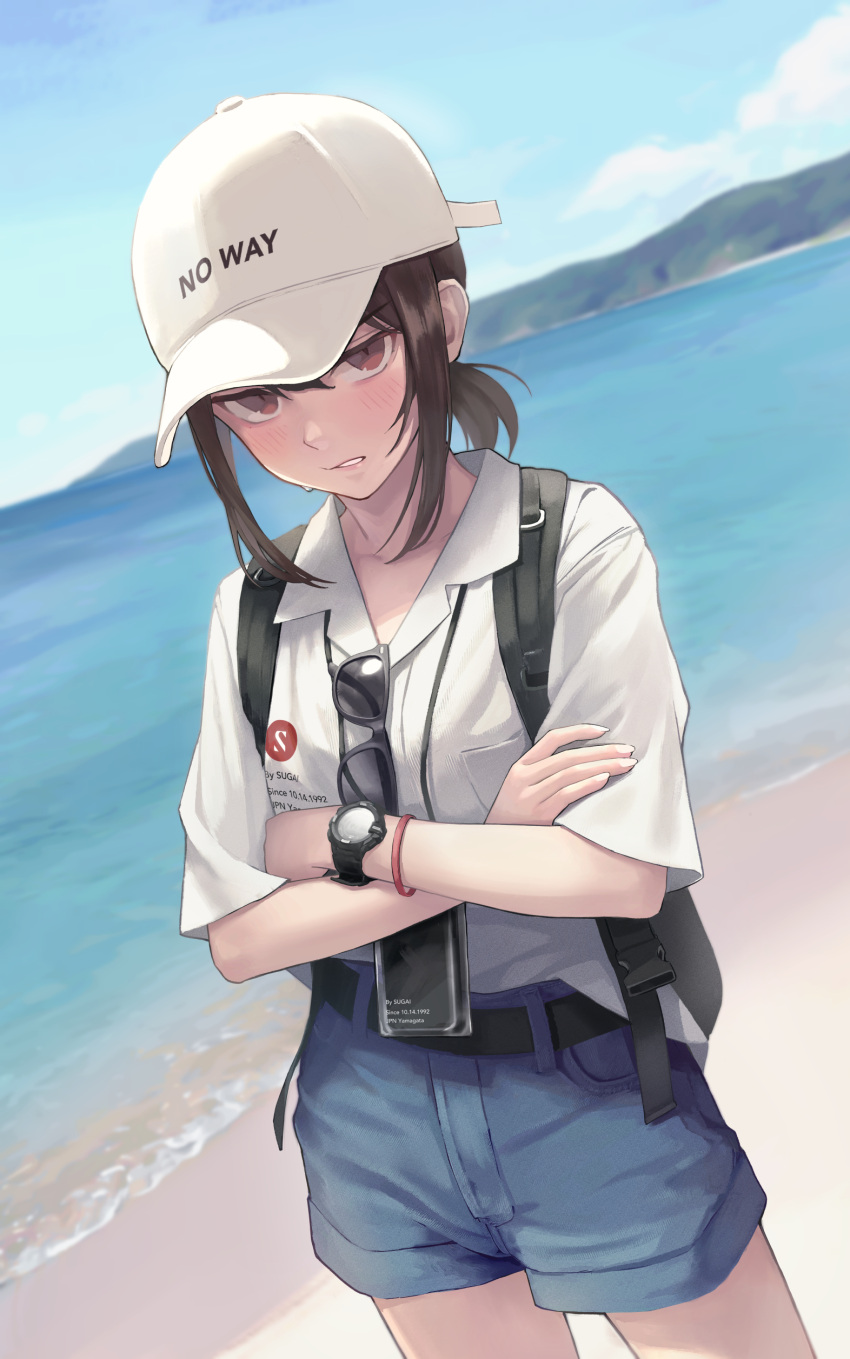 1girl absurdres backpack bag baseball_cap beach belt blue_shorts blue_sky blush breast_pocket clothes_writing cowboy_shot crossed_arms day dutch_angle hat highres ocean original outdoors parted_lips pocket red_eyes short_hair short_ponytail short_sleeves shorts sidelocks sky solo sugai_(4ugaii) sunglasses watch watch water white_headwear wristband