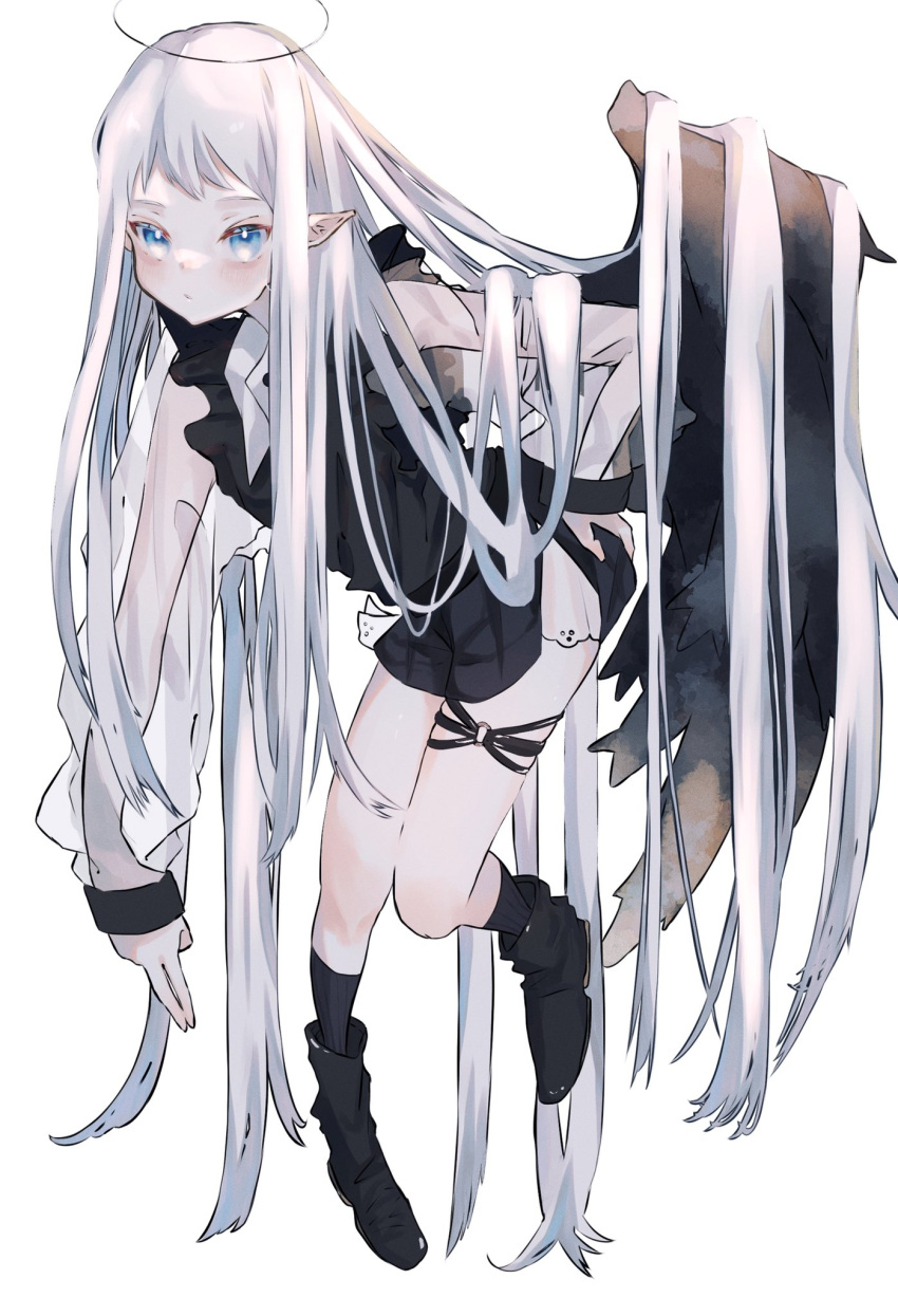 1girl anklet black_dress blue_eyes dress g_ig98 halo highres jewelry long_hair original pointy_ears white_hair wings