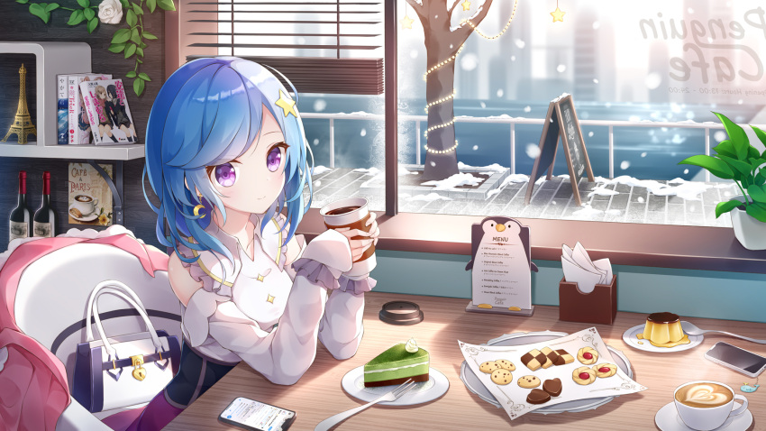 bag blue_hair cake cappuccino_(drink) cellphone chalkboard_sign chinese_commentary collarbone cookie cup eiffel_tower food fork hair_ornament handbag highres holding holding_cup hoshimiya_siro indie_virtual_youtuber kebin_no_shio_amaou looking_at_viewer manga_(object) medium_hair phone pudding sakura_trick sitting smartphone smile star_(symbol) star_hair_ornament tree violet_eyes virtual_youtuber window