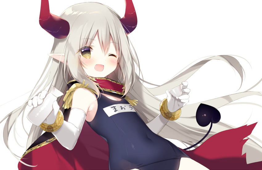 1girl ;d bangs bare_shoulders black_cape black_swimsuit blush brown_eyes cape cup curled_horns demon_girl demon_horns demon_tail elbow_gloves emma_august epaulettes eyebrows_visible_through_hair fang gloves grey_hair hair_between_eyes holding holding_cup horns long_hair looking_at_viewer name_tag nijisanji old_school_swimsuit one-piece_swimsuit one_eye_closed open_mouth pointy_ears school_swimsuit shiratama_(shiratamaco) simple_background smile solo swimsuit tail very_long_hair virtual_youtuber white_background white_gloves