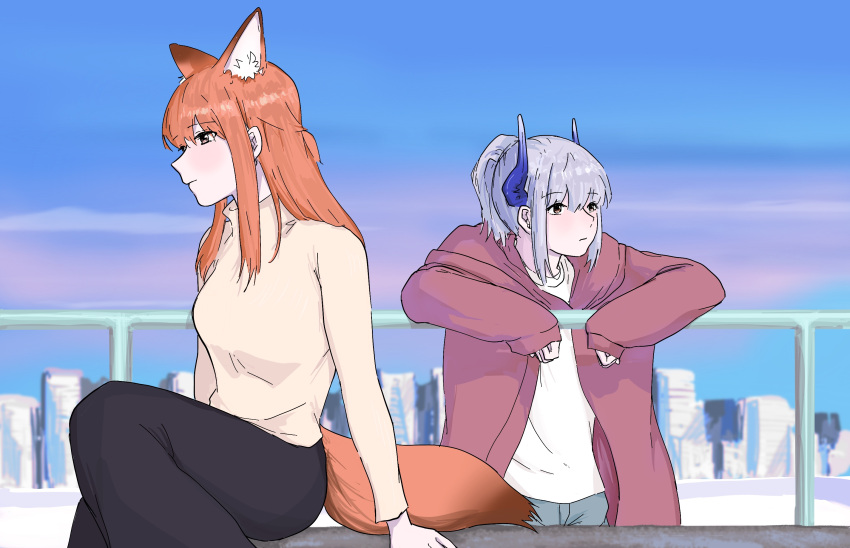 2girls animal_ear_fluff animal_ears arknights arm_support auxinouskii bangs beige_shirt black_pants blue_sky brown_eyes cityscape closed_mouth commentary dragon_horns english_commentary expressionless extra_ears eyebrows_visible_through_hair fox_ears fox_tail franka_(arknights) highres hood hoodie horns leaning_on_rail liskarm_(arknights) long_hair long_sleeves multiple_girls orange_hair outdoors pants ponytail railing red_hoodie shirt silver_hair sitting sky tail white_shirt