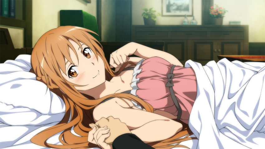 1girl asuna_(sao) bed blanket blush brown_eyes brown_hair game_cg highres holding_hands long_hair looking_at_viewer lying nightgown out_of_frame pillow pov pov_hands smile solo_focus sword_art_online sword_art_online:_hollow_fragment