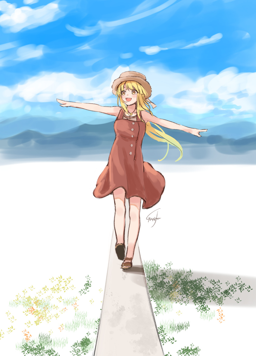 1girl :d absurdres balancing bang_dream! bare_arms bare_shoulders blonde_hair brown_dress brown_eyes brown_footwear brown_headwear commentary_request day dress gurifu hat highres long_hair looking_away looking_to_the_side open_mouth outdoors outstretched_arms sandals signature sleeveless sleeveless_dress smile solo spread_arms tsurumaki_kokoro very_long_hair walking