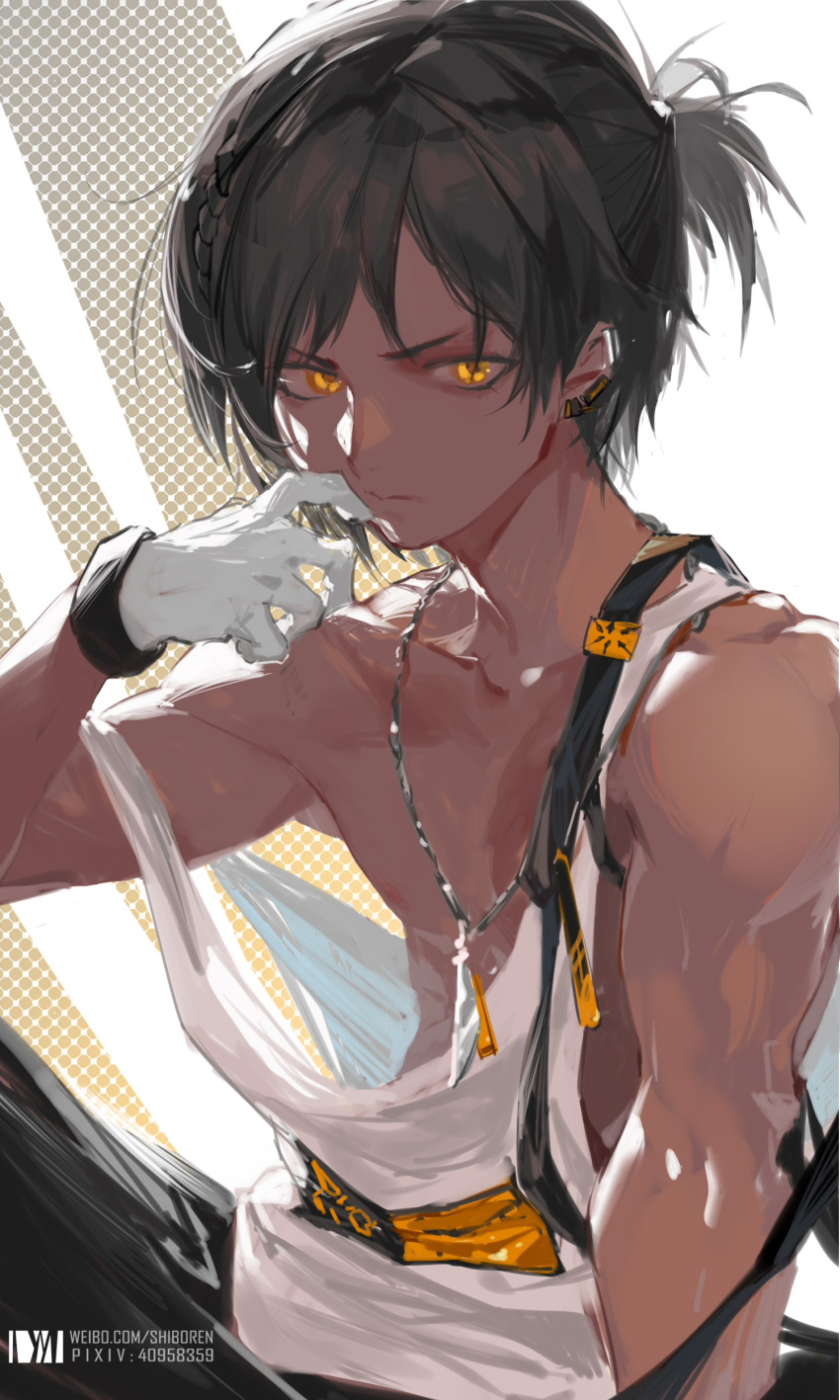1boy absurdres arknights bangs black_hair closed_mouth dark-skinned_male dark_skin dm_(dai_miao) ear_clip gloves highres male_focus nipples off_shoulder pixiv_id ponytail short_ponytail simple_background tank_top thorns_(arknights) toned toned_male upper_body weibo_username white_gloves white_tank_top yellow_eyes