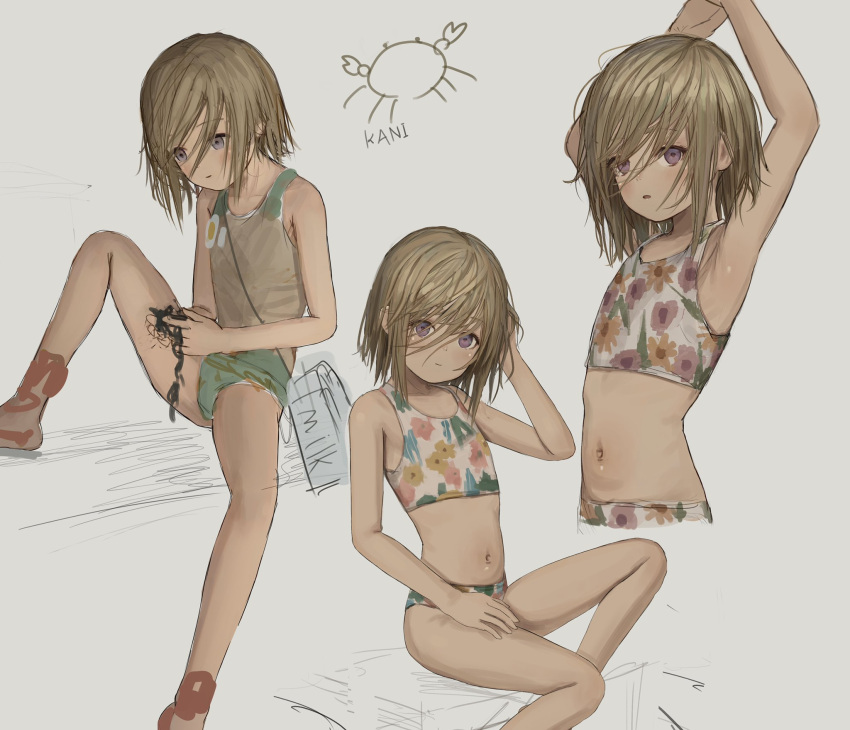 1girl armpits arms_up blush cropped_torso flat_chest floral_print hair_between_eyes highres light_brown_hair looking_at_viewer medium_hair multiple_views navel one-piece_swimsuit original parted_lips shion_(mirudakemann) simple_background sitting sketch smile swimsuit violet_eyes
