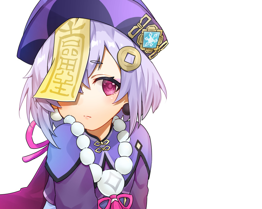 1girl absurdres bead_necklace beads cape coin_hair_ornament commentary_request earrings eyebrows_visible_through_hair genshin_impact hat highres jewelry jiangshi long_hair long_sleeves looking_at_viewer necklace ofuda purple_hair qing_guanmao qiqi_(genshin_impact) sidelocks simple_background solo tutimaru0730 violet_eyes white_background