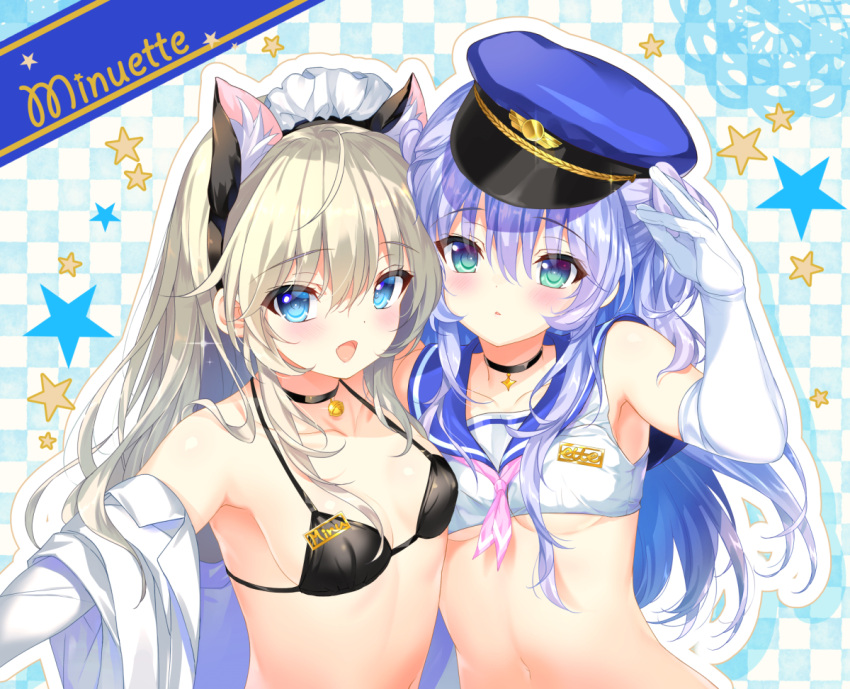 2girls animal_ears bangs bell bikini blonde_hair blue_eyes blue_hair blush breasts cat_ears elbow_gloves emily_(pure_dream) eyebrows_visible_through_hair eyes_visible_through_hair fake_animal_ears gloves hat long_hair looking_at_viewer multiple_girls name_tag navel neck_bell open_clothes open_mouth open_shirt original sailor_collar shirt small_breasts swimsuit upper_body white_gloves white_shirt