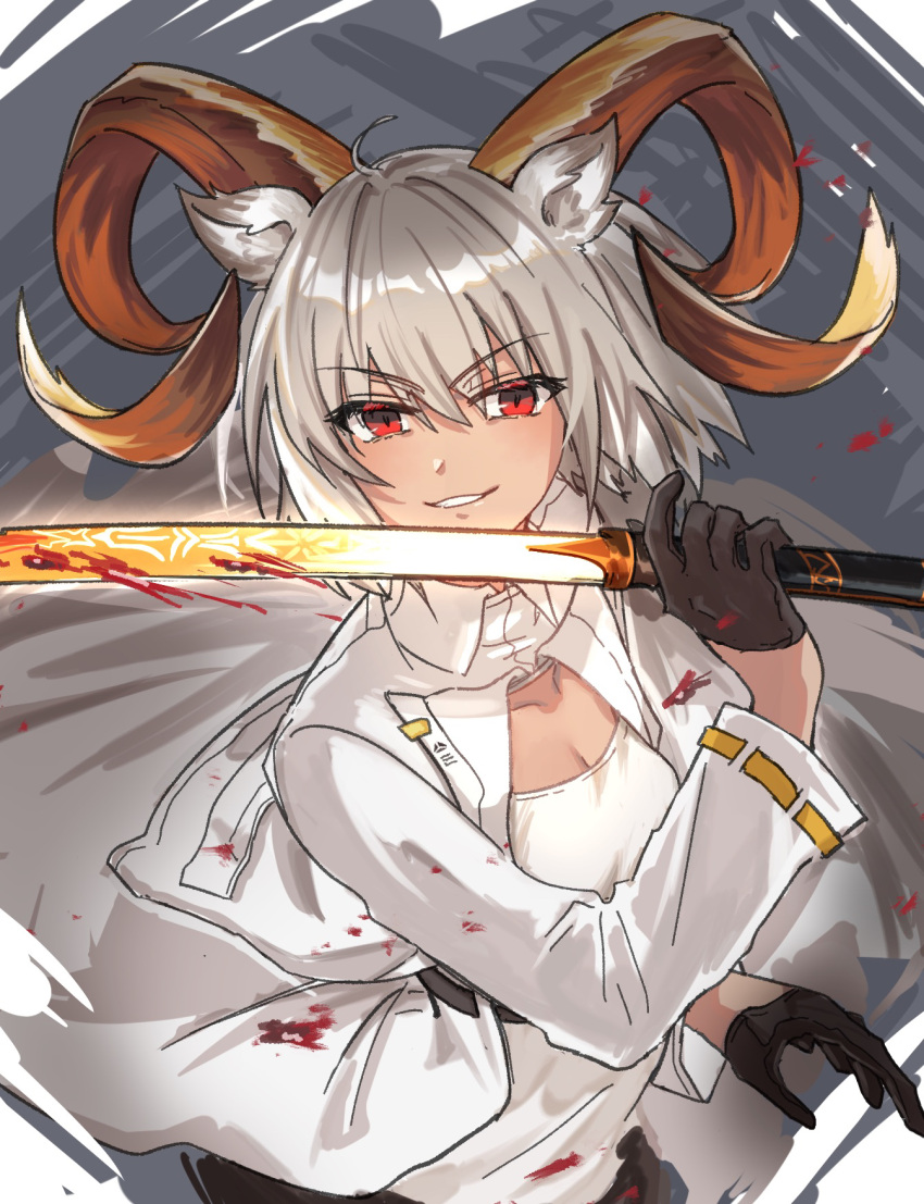 1girl animal_ears arknights black_gloves blood bloody_clothes carnelian_(arknights) collarbone cropped_jacket dark-skinned_female dark_skin gloves goat_ears goat_girl goat_horns grey_hair hair_between_eyes highres holding holding_sword holding_weapon horns jacket looking_at_viewer mabing red_eyes shirt short_hair smile solo sword teeth v-shaped_eyebrows weapon white_jacket white_shirt