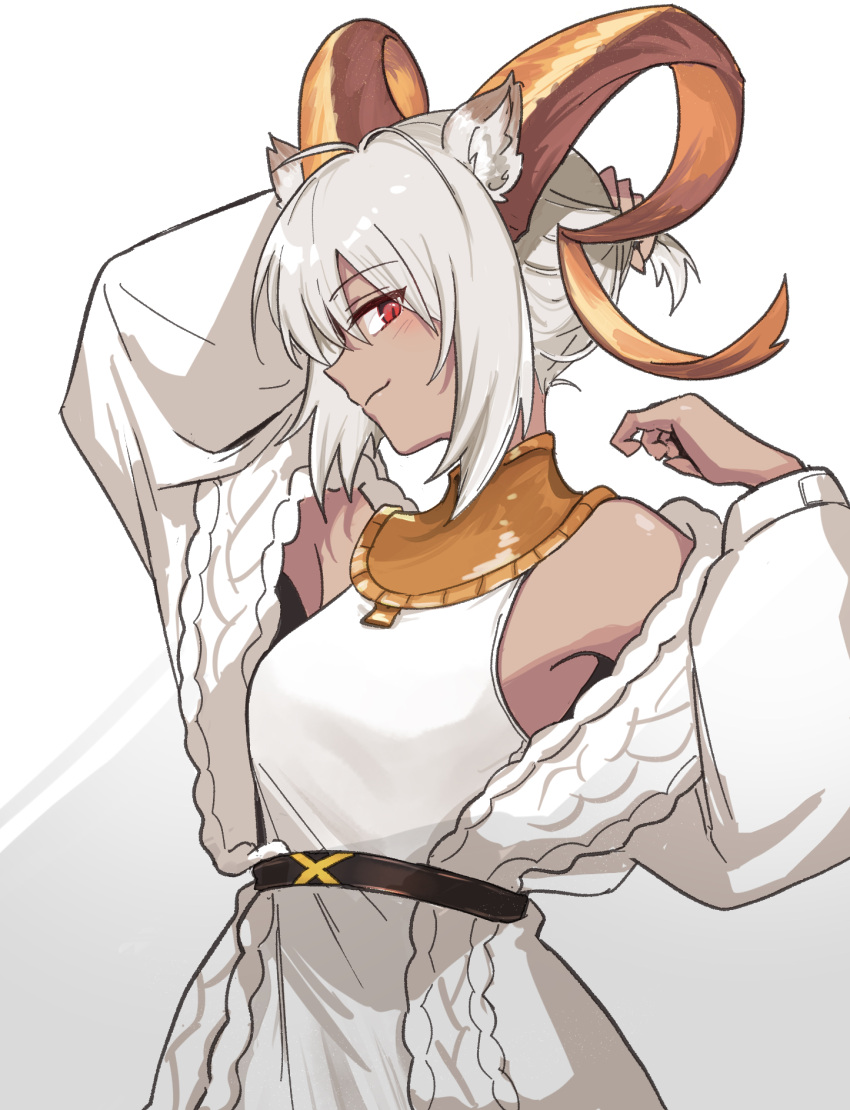 1girl animal_ears arknights arm_behind_head bare_shoulders beeswax_(arknights) beeswax_(arknights)_(cosplay) beeswax_(weisser_sand)_(arknights) beeswax_(weisser_sand)_(arknights)_(cosplay) belt black_belt cardigan carnelian_(arknights) chinese_commentary cosplay dark-skinned_female dark_skin dress goat_ears goat_girl goat_horns highres holding holding_hair horns looking_at_viewer mabing official_alternate_costume open_cardigan open_clothes red_eyes short_hair sideways_glance simple_background smile solo upper_body white_background white_cardigan white_dress white_hair