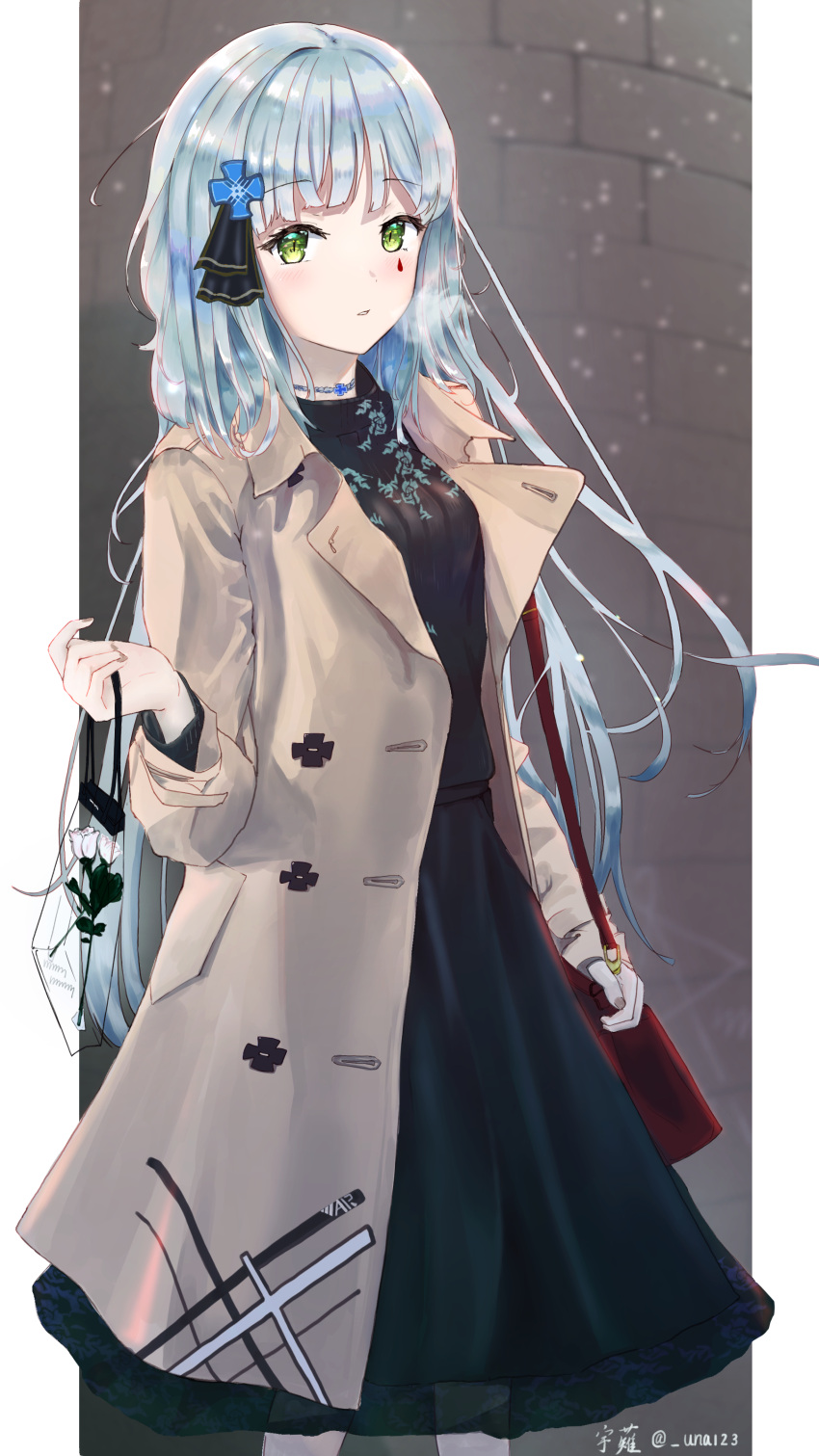 1girl absurdres artist_name bag bangs black_dress blue_hair breasts brown_coat closed_mouth coat crossed_bangs dress eyebrows_visible_through_hair facial_mark facial_tattoo feet_out_of_frame girls_frontline green_eyes hair_ribbon highres hk416_(girls_frontline) holding holding_bag long_hair looking_at_viewer open_clothes open_coat red_bag ribbon simple_background snowflakes solo soranagi_(una123) standing tattoo teardrop wall