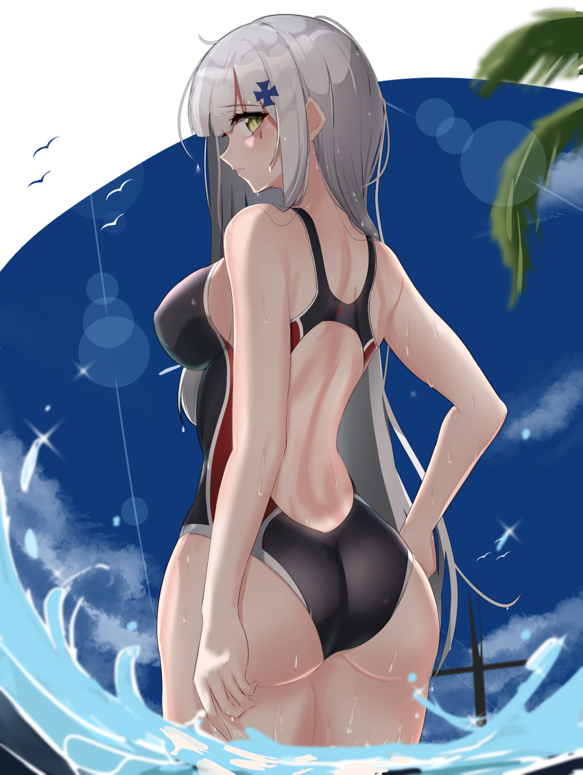 1girl ass back bangs bare_shoulders black_swimsuit blue_sky blush breasts closed_mouth competition_swimsuit crossed_bangs eyebrows_visible_through_hair facial_mark feet_out_of_frame girls_frontline green_eyes grey_hair highres hk416_(girls_frontline) huge_filesize large_breasts long_hair looking_back one-piece_swimsuit rynn_(rynn_cube) silver_hair simple_background sky solo standing swimsuit teardrop water wet wet_clothes wet_swimsuit