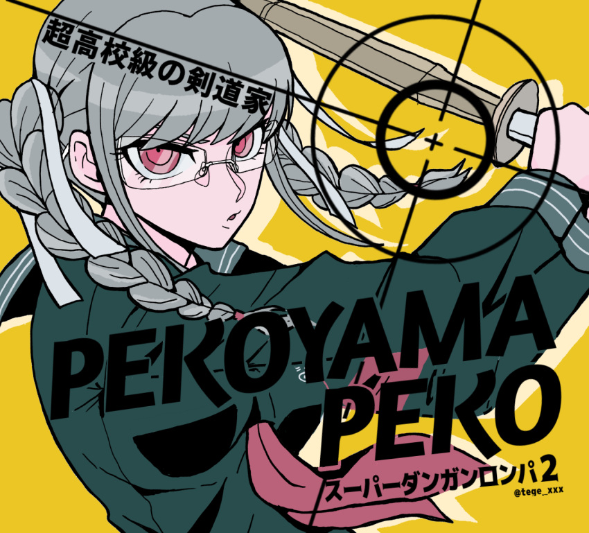 1girl bangs braid character_name commentary_request copyright_name dangan_ronpa_(series) dangan_ronpa_2:_goodbye_despair english_text from_side glasses green_shirt grey_hair hair_ribbon hands_up holding long_hair looking_at_viewer neckerchief orange_background pekoyama_peko pink_eyes red_eyes ribbon school_uniform shirt simple_background solo tege_(tege_xxx) translation_request twin_braids twintails white_ribbon yellow_background