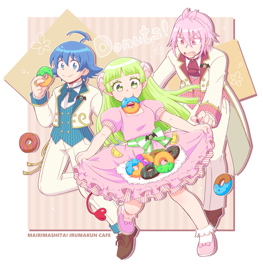 1girl 2boys asmodeus_alice bangs blue_eyes blue_hair blue_neckwear blue_vest blunt_bangs brown_footwear demon_boy demon_girl demon_horns demon_tail doughnut dress eating english_text fang food formal green_eyes green_hair highres horns looking_at_another looking_at_viewer mairimashita!_iruma-kun manaka_(pdx) multiple_boys pink_dress pink_eyes pink_footwear pink_hair pink_neckwear pink_vest pointy_ears smile suit suzuki_iruma tail valac_clara vest white_suit