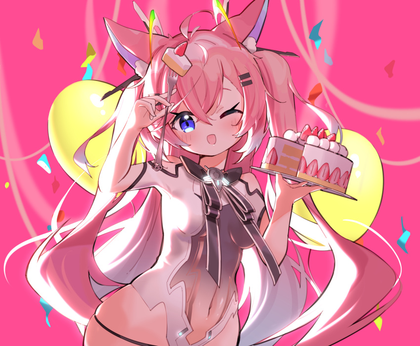 1girl absurdres animal_ears balloon cake confetti food fox_ears hair_ornament hairclip highres holding holding_food indie_virtual_youtuber long_hair looking_at_viewer navel one_eye_closed open_mouth pink_background shippitsu standing teletha_(vtuber) virtual_youtuber