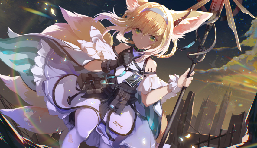 1girl animal_ear_fluff animal_ears arknights azusa0v0 bangs belt_pouch blonde_hair blue_hairband braid building clenched_hand closed_mouth clouds dress dutch_angle earpiece eyebrows_visible_through_hair fox_ears fox_girl fox_tail frilled_dress frills gloves green_eyes hair_rings hairband hand_on_own_chest hands_up highres holding holding_staff id_card infection_monitor_(arknights) kyuubi lens_flare light_blush looking_at_viewer multiple_tails oripathy_lesion_(arknights) pantyhose pouch short_hair single_glove sky skyscraper solo staff suzuran_(arknights) tail torn_clothes torn_legwear white_dress white_legwear white_wrist_cuffs wrist_cuffs