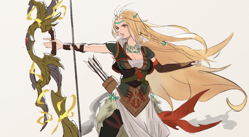 1girl arrow_(projectile) blonde_hair bow_(weapon) braid breasts brown_eyes circlet fire_emblem fire_emblem:_genealogy_of_the_holy_war fire_emblem_heroes fur_trim highres holding holding_weapon jewelry jonbur_man long_hair looking_to_the_side simple_background ullr_(fire_emblem) very_long_hair weapon yewfelle_(fire_emblem)