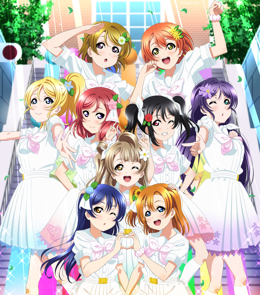 6+girls :d :o a_song_for_you!_you?_you! absurdres ayase_eli bangs black_hair blonde_hair blue_eyes blue_flower blue_hair blurry blurry_background blush bow brown_hair closed_mouth collared_shirt day dress flower grin hair_between_eyes hair_bow hair_flower hair_ornament hand_on_another's_head heart heart_hands heart_hands_duo high_ponytail highres hoshizora_rin huge_filesize isami_don kneehighs koizumi_hanayo kousaka_honoka long_hair looking_at_viewer love_live! love_live!_school_idol_project low_twintails minami_kotori multiple_girls nishikino_maki one_eye_closed open_mouth outdoors pleated_dress purple_flower purple_hair red_eyes red_flower redhead sailor_collar sailor_shirt school_uniform serafuku shiny shiny_hair shirt short_dress short_hair side_ponytail smile sonoda_umi sparkle sunflower sunlight swept_bangs toujou_nozomi twintails violet_eyes white_bow white_dress white_flower white_legwear white_neckwear white_sailor_collar white_shirt yazawa_nico yellow_eyes yellow_flower