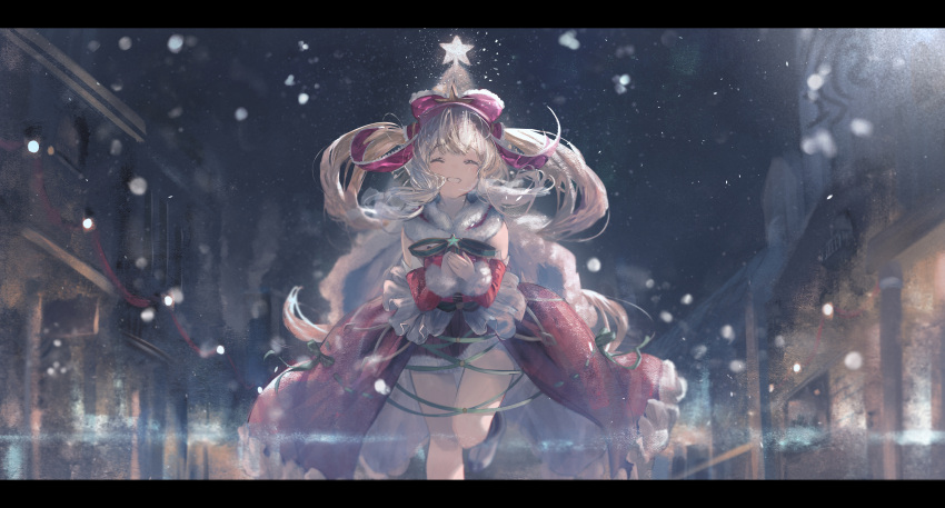 :d absurdres bangs betabeet blonde_hair cagliostro_(granblue_fantasy) christmas closed_eyes eyebrows eyebrows_visible_through_hair granblue_fantasy highres long_hair open_mouth smile winter