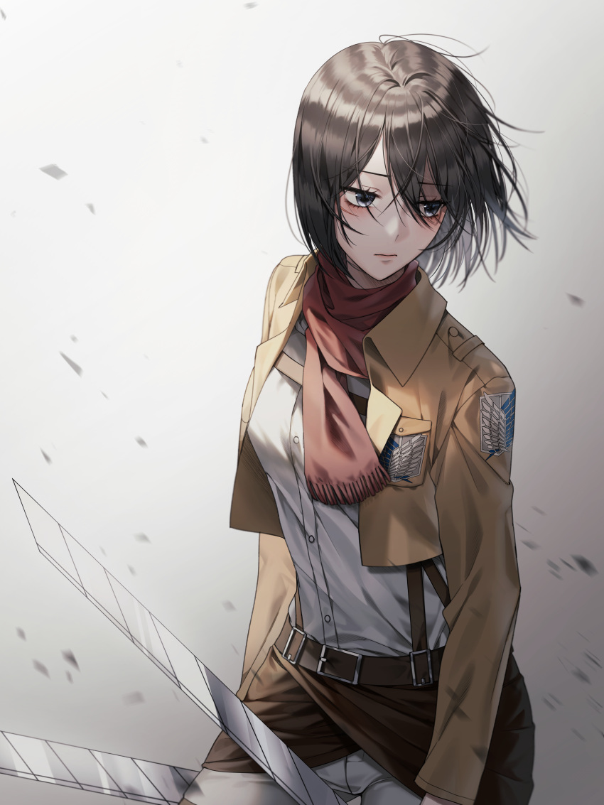 1girl absurdres bangs black_eyes black_hair brown_jacket closed_mouth dress_shirt dual_wielding gradient gradient_background grey_background hair_between_eyes highres holding holding_sword holding_weapon jacket long_sleeves mikasa_ackerman open_clothes open_jacket pants paradis_military_uniform red_scarf scarf shingeki_no_kyojin shirt short_hair sword three-dimensional_maneuver_gear weapon white_pants white_shirt yun_chorom