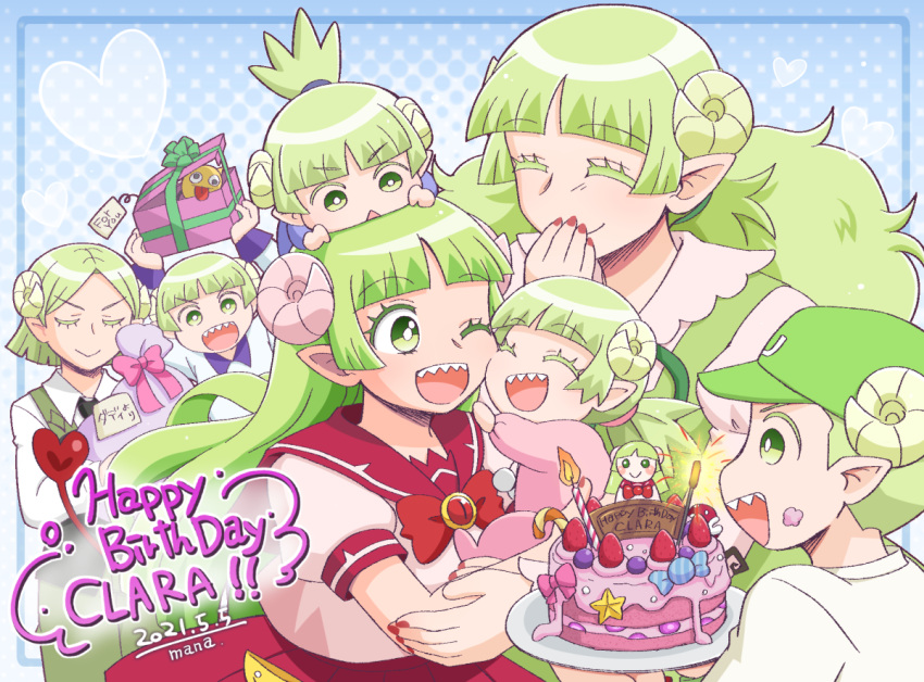 baby baseball_cap birthday birthday_cake birthday_party bow cake candle candy candy_cane closed_eyes covering_mouth demon_horns english_text family food gift green_hair hat heart horns looking_at_another mairimashita!_iruma-kun manaka_(pdx) one_eye_closed open_mouth pointy_ears red_nails sailor_collar school_uniform sharp_teeth smile teeth valac_clara valac_clara's_mother valac_keebow valac_konchie valac_ran_ran valac_sin_sin valac_urara