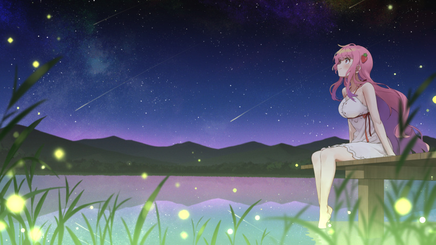 1girl barefoot blush closed_mouth clouds commission dress electriccross food-themed_hair_ornament hair_ornament highres lake long_hair looking_up night original outdoors pink_hair red_eyes red_ribbon rei_no_himo ribbon shiny shiny_hair short_dress sky sleeveless sleeveless_dress smile soaking_feet solo spaghetti_strap star_(sky) starry_sky strawberry_hair_ornament sundress very_long_hair white_dress