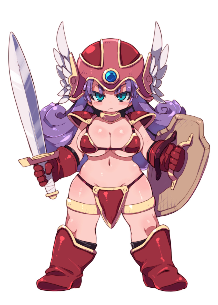 1girl armor bikini_armor blue_eyes blush boots closed_mouth dragon_quest dragon_quest_iii full_body gloves helmet highres holding holding_shield holding_sword holding_weapon long_hair looking_at_viewer navel purple_hair red_footwear red_gloves shield simple_background soldier_(dq3) solo standing sword weapon white_background winged_helmet zankuro
