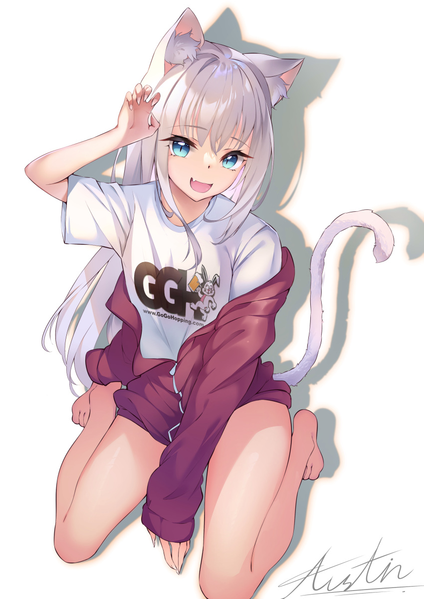 1girl :d absurdres animal_ear_fluff animal_ears bare_legs barefoot cardigan cat_ears cat_girl cat_tail chouchou_(austin) claw_pose clothes_down fang highres light_blue_eyes long_hair long_sleeves looking_at_viewer no_pants open_mouth original partially_unzipped short_sleeves silver_hair sitting sleeves_past_wrists smile tail