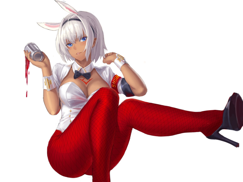 1girl animal_ears blue_eyes breasts caenis_(fate) chest_tattoo commentary_request cup dark_skin detached_collar drinking_glass eyebrows_visible_through_hair fate/grand_order fate_(series) hair_between_eyes high_heels highres holding holding_cup kafkasea large_breasts leotard pantyhose parted_lips playboy_bunny short_hair simple_background solo table tattoo teeth white_background white_hair wine_glass wrist_cuffs