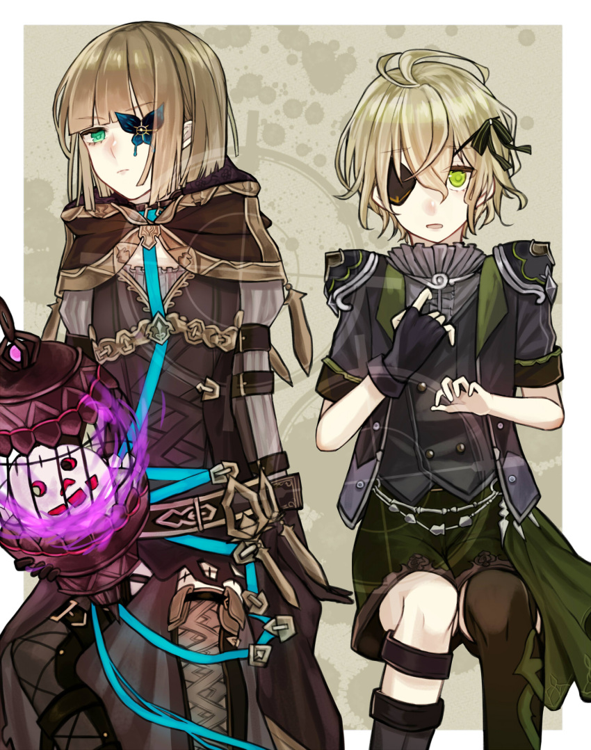 2boys :o antenna_hair asymmetrical_legwear bangs black_gloves black_jacket blue_butterfly boots brown_footwear brown_hair brown_hood brown_legwear bug butterfly cage closed_mouth covering_one_eye eyepatch gloves green_eyes green_hair gretel_(sinoalice) hair_between_eyes hansel_(sinoalice) highres insect jacket long_sleeves looking_at_viewer multiple_boys open_mouth pinocchio_(sinoalice) short_hair short_sleeves single_glove single_thighhigh sinoalice thigh-highs thigh_boots towada-san_(thank39) uneven_legwear