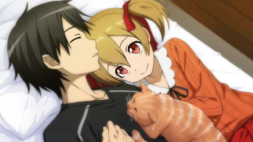 1boy 1girl bed black_hair brown_hair cat closed_eyes game_cg hair_ornament highres indoors kirito lying official_art on_back pillow red_eyes short_twintails silica sword_art_online sword_art_online:_hollow_fragment twintails