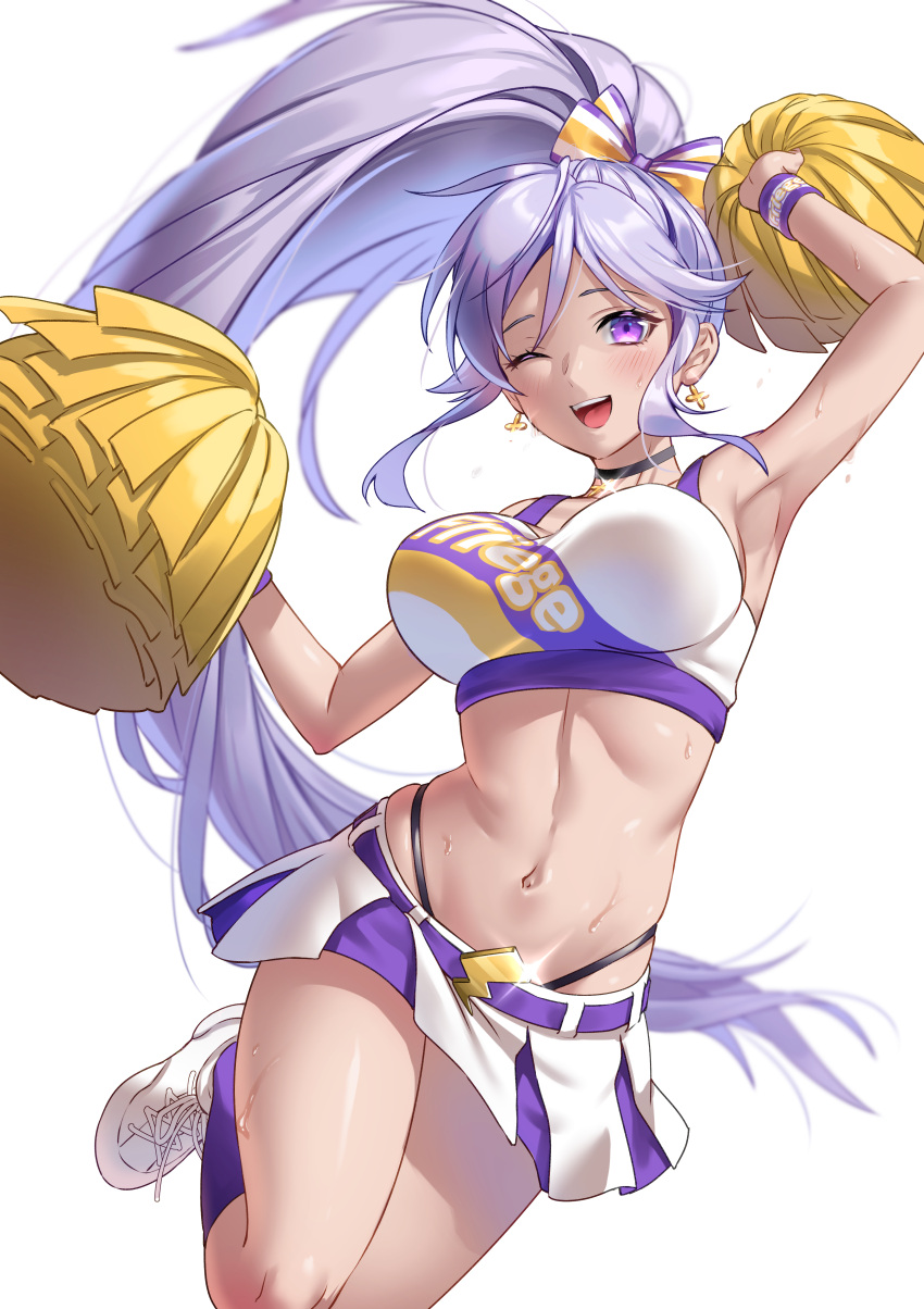 1girl absurdres armpits breasts cheerleader choker fire_emblem fire_emblem:_genealogy_of_the_holy_war fire_emblem_heroes heart highres ishtar_(fire_emblem) jewelry long_hair midriff navel open_mouth pom_pom_(cheerleading) purple_hair shoes simple_background smile sneakers solo sweat uniform violet_eyes white_background