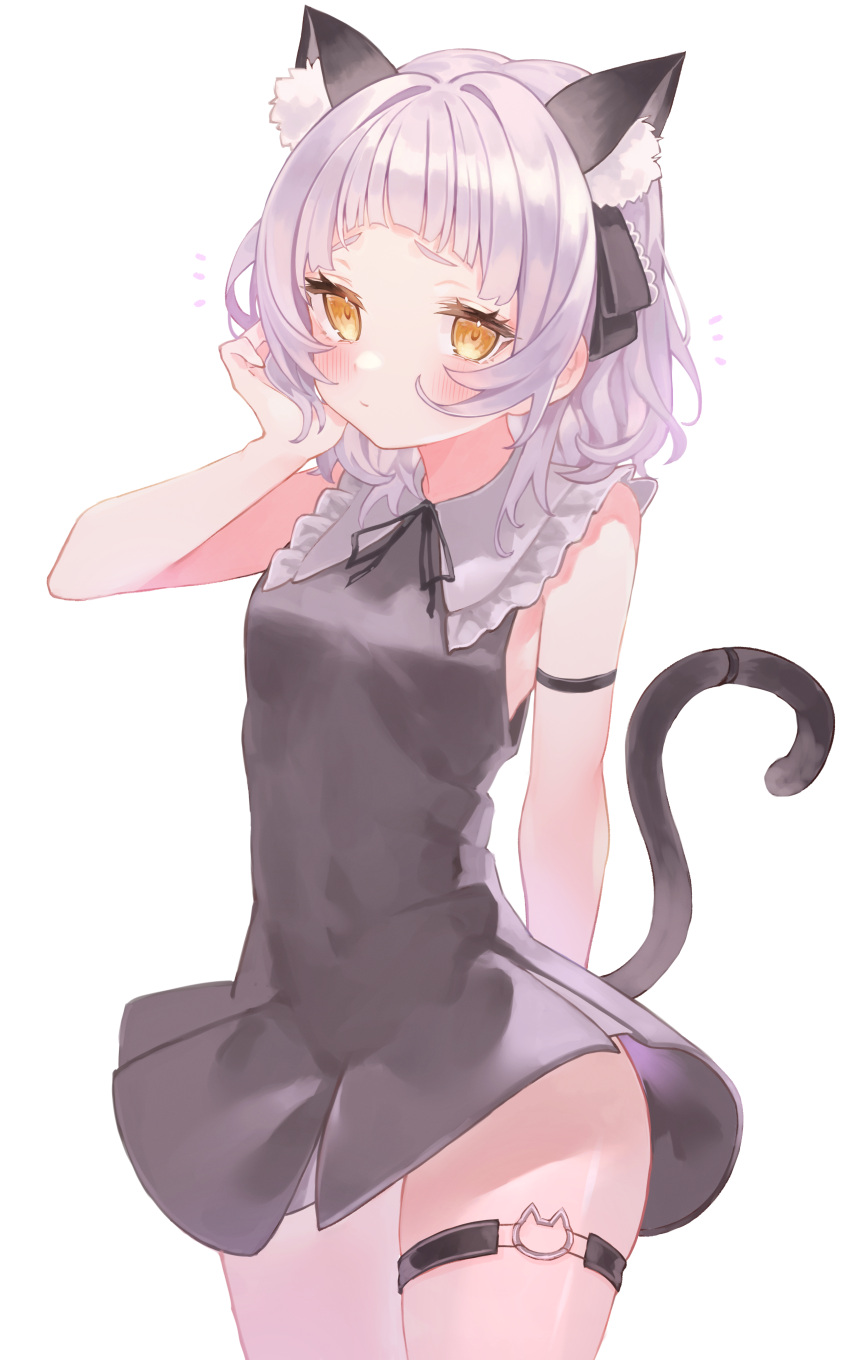 1girl absurdres animal_ear_fluff animal_ears arm_strap arms_behind_back bangs black_dress black_ribbon blush breasts cat_ears cat_girl cat_tail closed_mouth commentary_request cowboy_shot dress hair_ribbon hand_on_own_cheek hand_on_own_face hand_up highres hololive long_hair looking_at_viewer murasaki_shion ribbon rin31153336 short_eyebrows silver_hair simple_background sleeveless sleeveless_dress small_breasts solo standing tail tail_raised thigh_strap virtual_youtuber white_background yellow_eyes