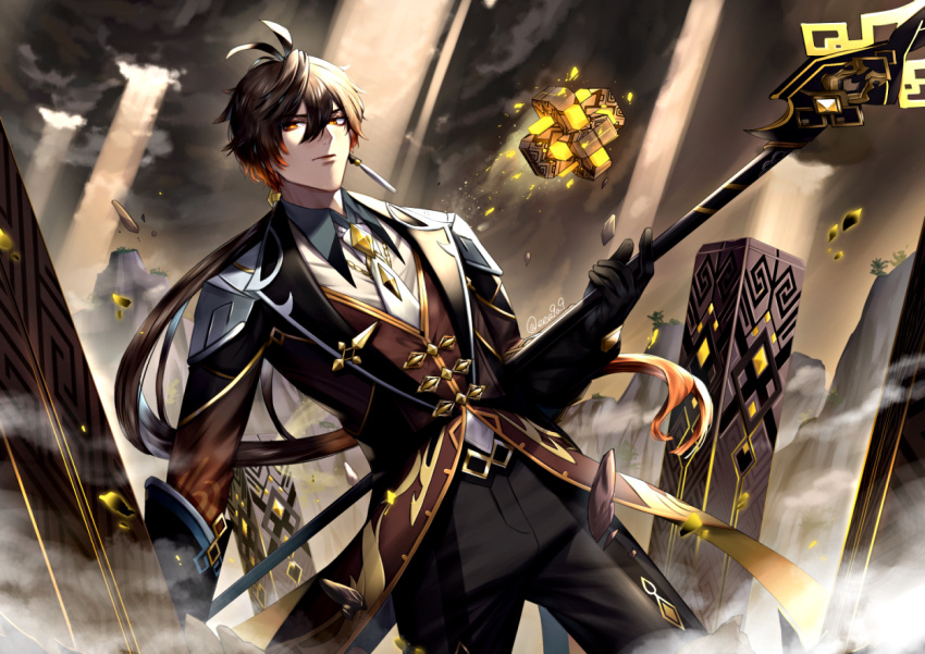 1boy bangs black_gloves brown_hair closed_mouth clouds cloudy_sky coattails collared_shirt commentary_request earrings floating floating_object floating_rock formal genshin_impact gloves gradient_hair hair_between_eyes hair_tie holding holding_polearm holding_spear holding_weapon jacket jewelry long_hair long_sleeves male_focus multicolored_hair necktie orange_hair outdoors polearm ponytail shirt single_earring sky solo spear stele suit tassel tassel_earrings vest weapon yellow_eyes zhongli_(genshin_impact) zongchun