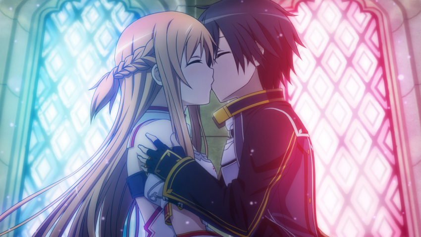 1boy 1girl asuna_(sao) brown_eyes brown_hair closed_eyes game_cg hetero highres hug kirito kiss long_hair sword_art_online sword_art_online:_hollow_fragment