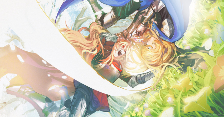 2girls :d armor armored_boots blonde_hair blue_cape blue_eyes boots breastplate cape flower gauntlets grass highres long_hair looking_at_another multiple_girls open_mouth original ossan_zabi_190 parted_lips plate_armor red_cape red_eyes shoulder_armor smile tree