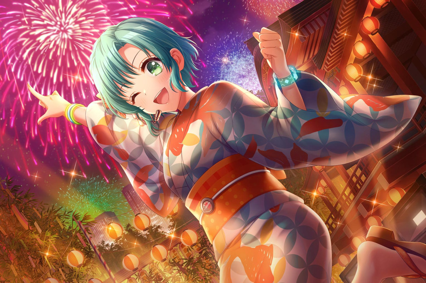 1girl blush d4dj fireworks green_eyes green_hair hanamaki_towa kimono lantern official_art short_hair smile wink