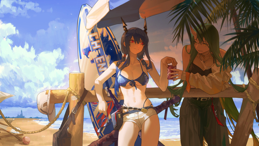 2girls absurdres arknights bag_removed beach beach_chair beach_umbrella bikini bikini_under_clothes black_skirt black_tank_top blue_bikini blue_hair blue_sky breasts can ch'en_(arknights) ch'en_the_holungday_(arknights) clouds commentary cowboy_shot dragon_horns fence front-tie_top hat hat_removed headwear_removed highres holding holding_can holding_eyewear horns hoshiguma_(arknights) jacket jewelry large_breasts long_hair looking_at_another multiple_girls navel necklace ocean oni_horns outdoors palm_tree pouch red_eyes rope sheath sheathed shorts single_horn skirt sky stomach sunglasses swimsuit sword tank_top tree twintails umbrella volleyball waves weapon white_headwear white_jacket wushier yellow_eyes