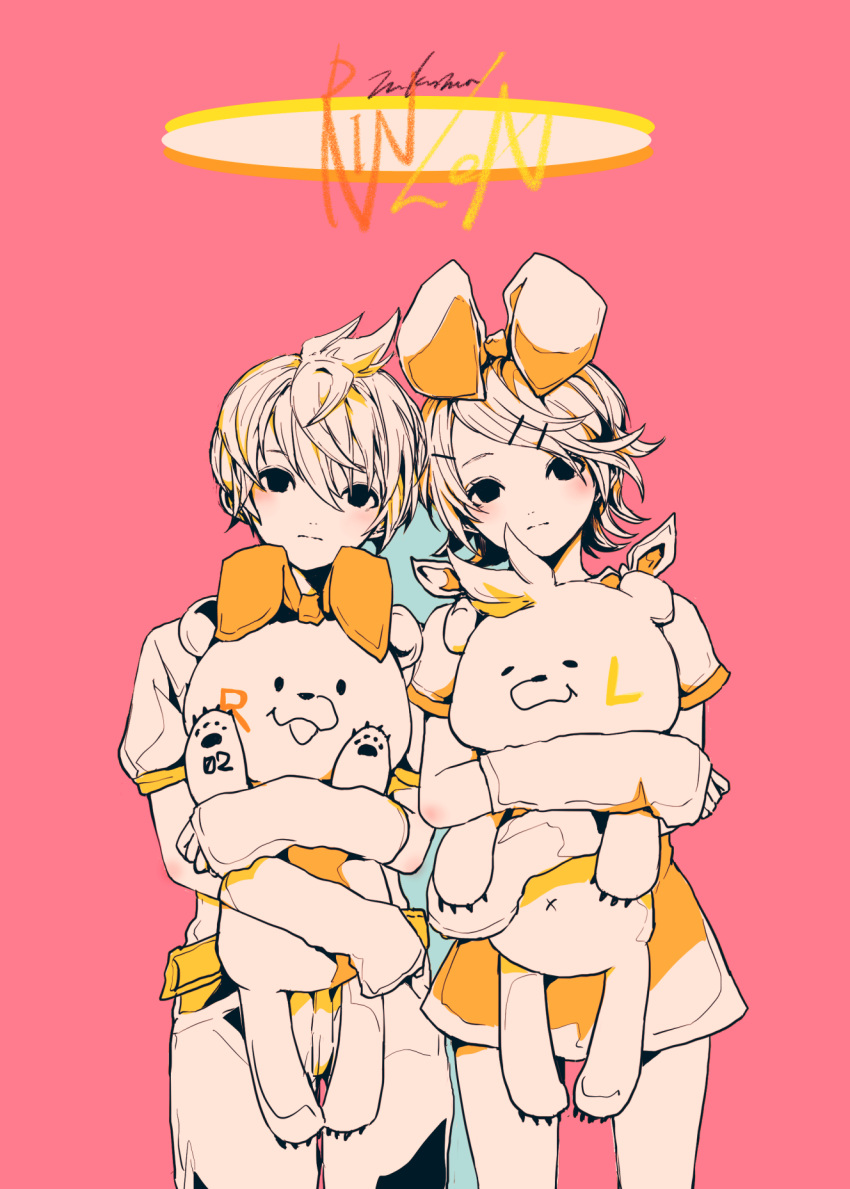 1boy 1girl 3kuma animal_hands arm_warmers bangs black_eyes bow character_name commentary cowboy_shot expressionless hair_bow hair_ornament hairclip head_tilt highres holding holding_stuffed_toy kagamine_len kagamine_rin limited_palette miniskirt pink_background short_hair short_sleeves side-by-side signature skirt spiky_hair standing stuffed_animal stuffed_toy swept_bangs vocaloid