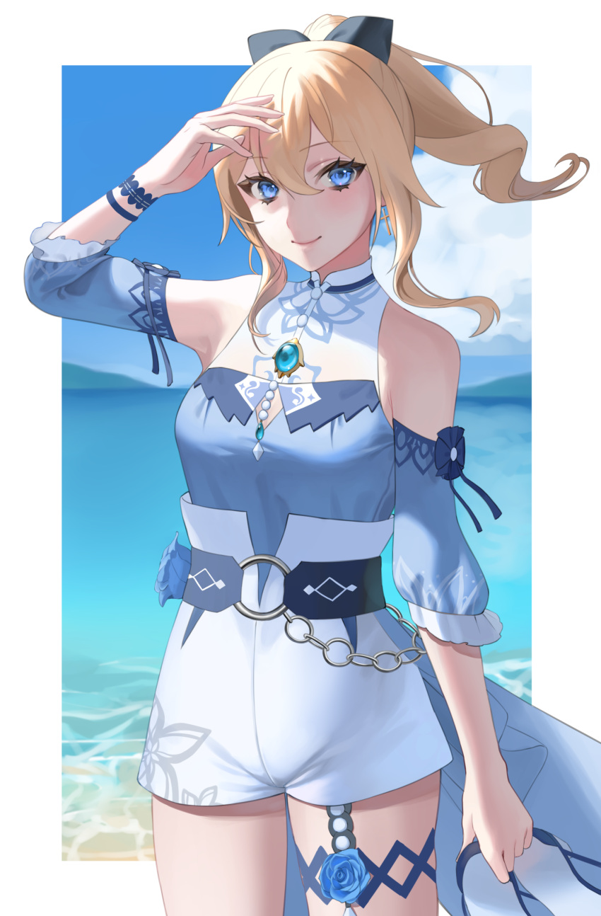 1girl bare_shoulders blonde_hair blouse blue_blouse blue_eyes blue_flower blue_rose blue_sky bow cross cross_earrings day detached_sleeves earrings flower genshin_impact hair_bow hand_up highres jean_(genshin_impact) jean_(sea_breeze_dandelion)_(genshin_impact) jewelry looking_at_viewer o-ring_belt ocean outdoors ponytail rose shorts sky smile solo white_shorts wowk