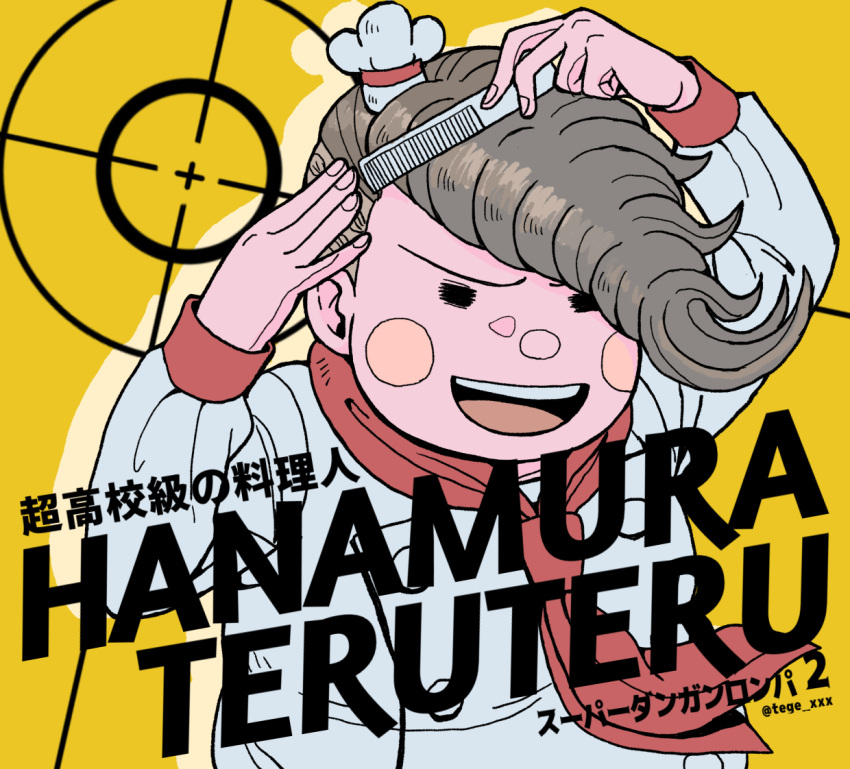 1boy :d arm_up bangs blush_stickers brown_hair character_name chef_hat chef_uniform comb combing commentary_request copyright_name dangan_ronpa_(series) dangan_ronpa_2:_goodbye_despair fat fat_man grey_jacket hanamura_teruteru hand_up hat jacket looking_at_viewer neckerchief no_pupils open_mouth orange_background short_hair simple_background smile solo tege_(tege_xxx) translation_request upper_teeth