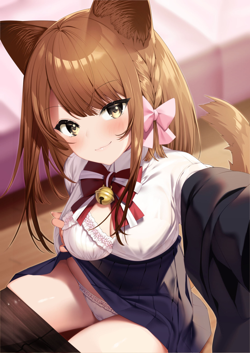 1girl animal_ears bangs bell black_legwear blurry blurry_background bow bowtie bra braid breasts brown_eyes brown_hair cat_ears cat_girl cat_tail clothes_pull haiba_09 highres jingle_bell medium_breasts neck_bell original panties pantyhose pantyhose_pull parted_bangs red_neckwear shirt side_braid sitting solo tail underwear white_bra white_panties white_shirt